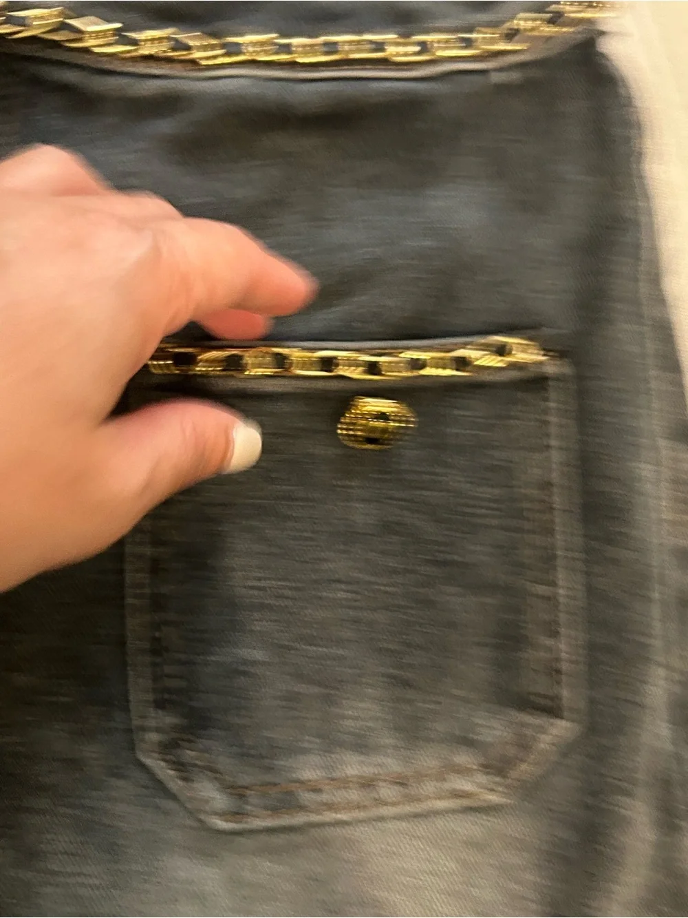 CHANEL Dark Blue Denim Jeans with Gold Chain Trim